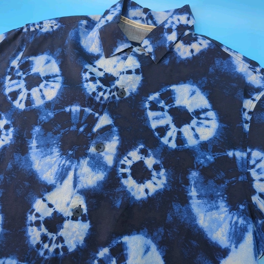Tommy Bahama Shirt Mens Large Blue Pink Tie Dye Silk Camp Hawaiian Aloha